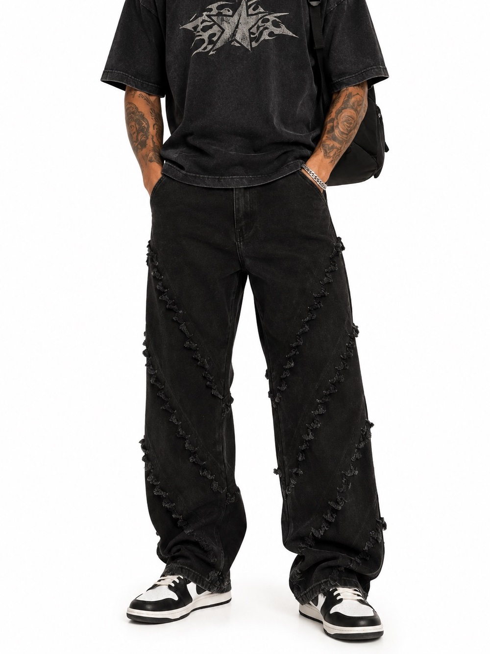 SHEIN Men’s Black Frayed Straight Leg Jeans Streetwear Y2K Punk Grungecore Med